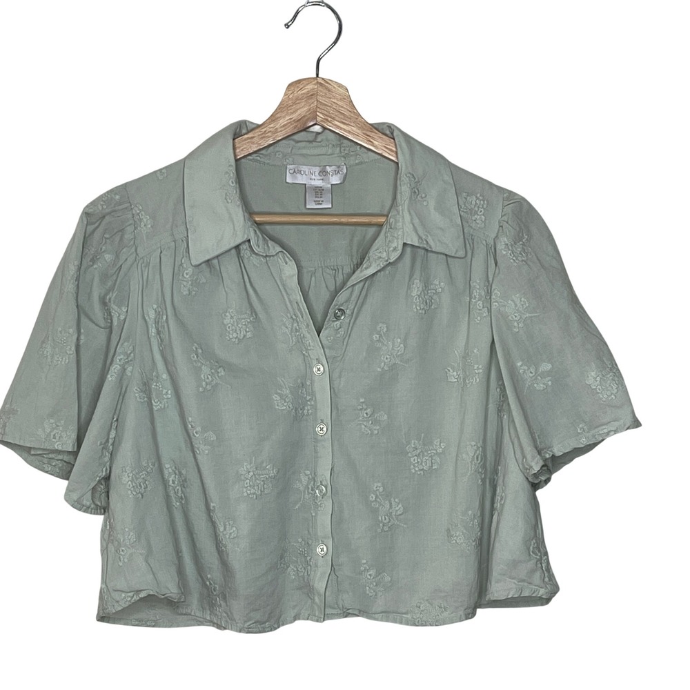 Caroline Constas Sage Green Embroidered Cotton Cropped Button Down Top  M